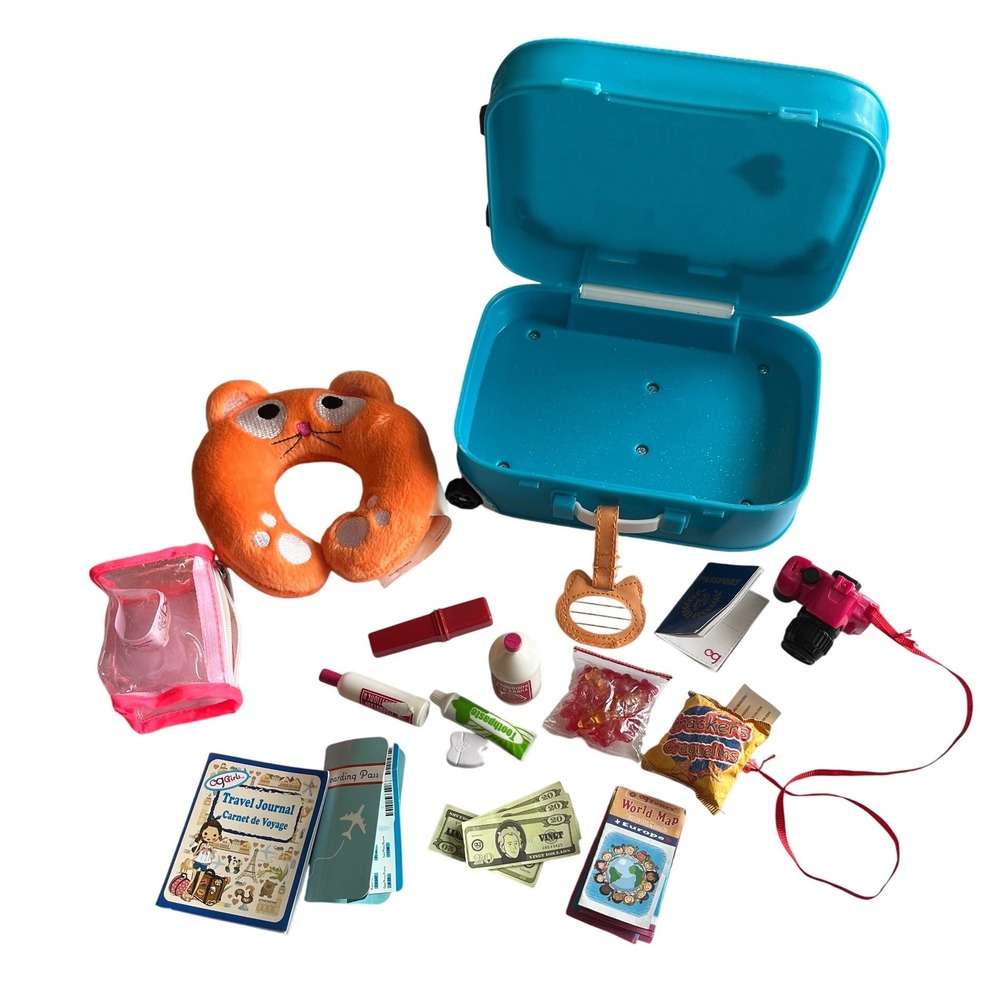 Our Generation Doll Travel Set Blue Suitcase Cat Neck Pillow Accessories Lot